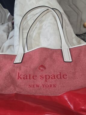 Kate Spade Red Canvas and Patent Tote with White Handles